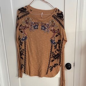 Free People Floral Embroidered with Gems Long Sleeve Top in Tan
